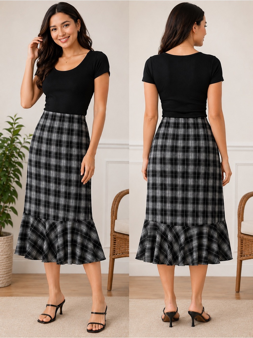 First Option, Vintage Y2K Plaid Black and Gray Women's Skirt, Size Medium